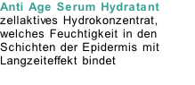 Anti Age Serum Hydratant zellaktives Hydrokonzentrat,  welches Feuchtigkeit in den Schichten der Epidermis mit Langzeiteffekt bindet